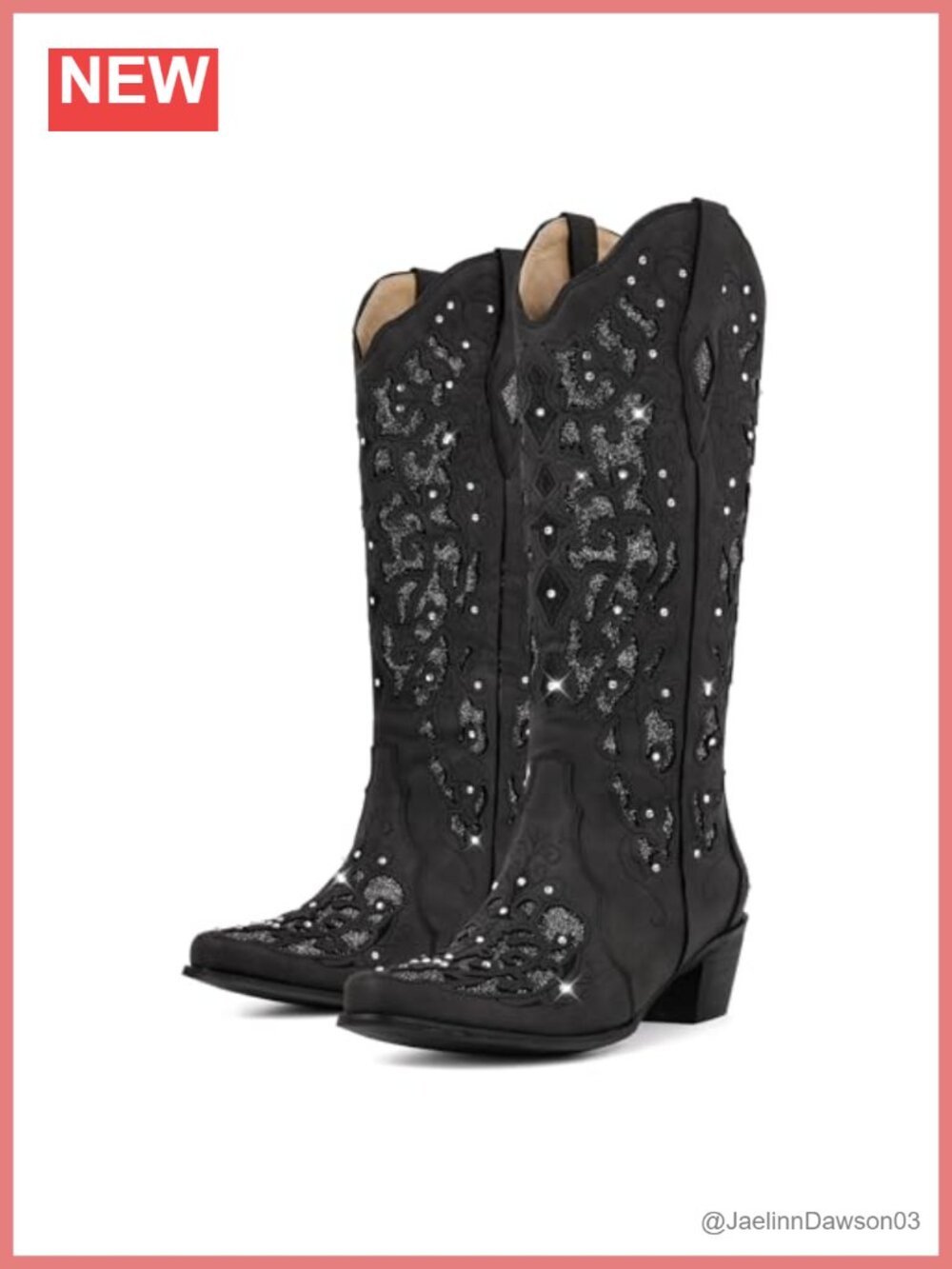 Rhinestone Cowboy Boots for Women Chunky Heel Mid-Calf